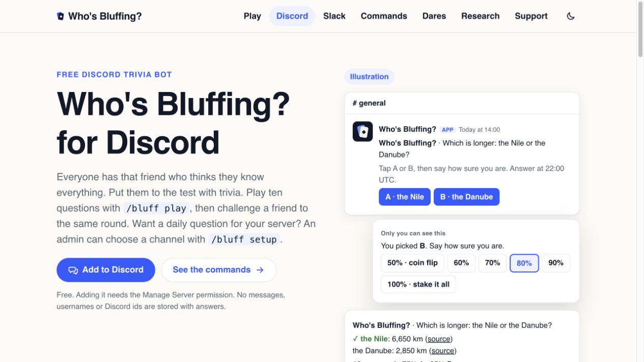 The Discord app page explains ten-question rounds and friend challenges, alongside a labeled daily-question illustration