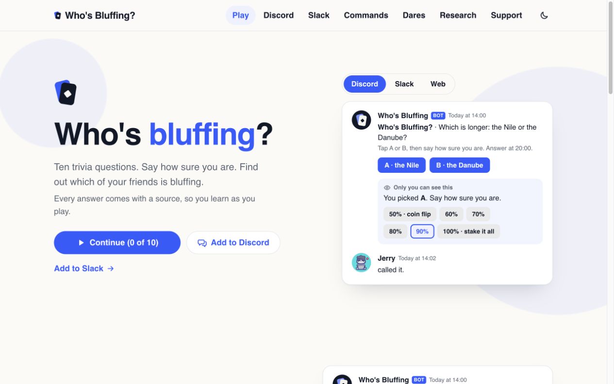 The home page: challenge friends with trivia, continue a round, or add the game to Discord and Slack