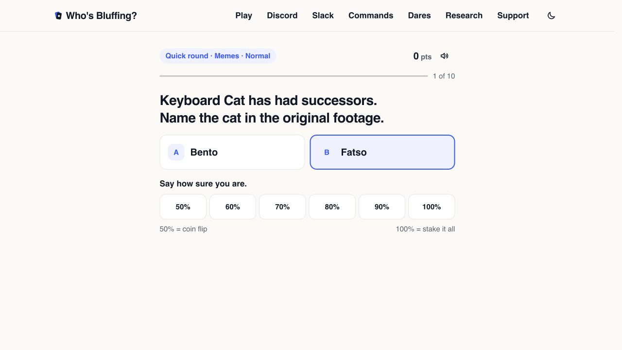 A Memes question about Keyboard Cat, an answer selected, and the confidence choices from 50% to 100%