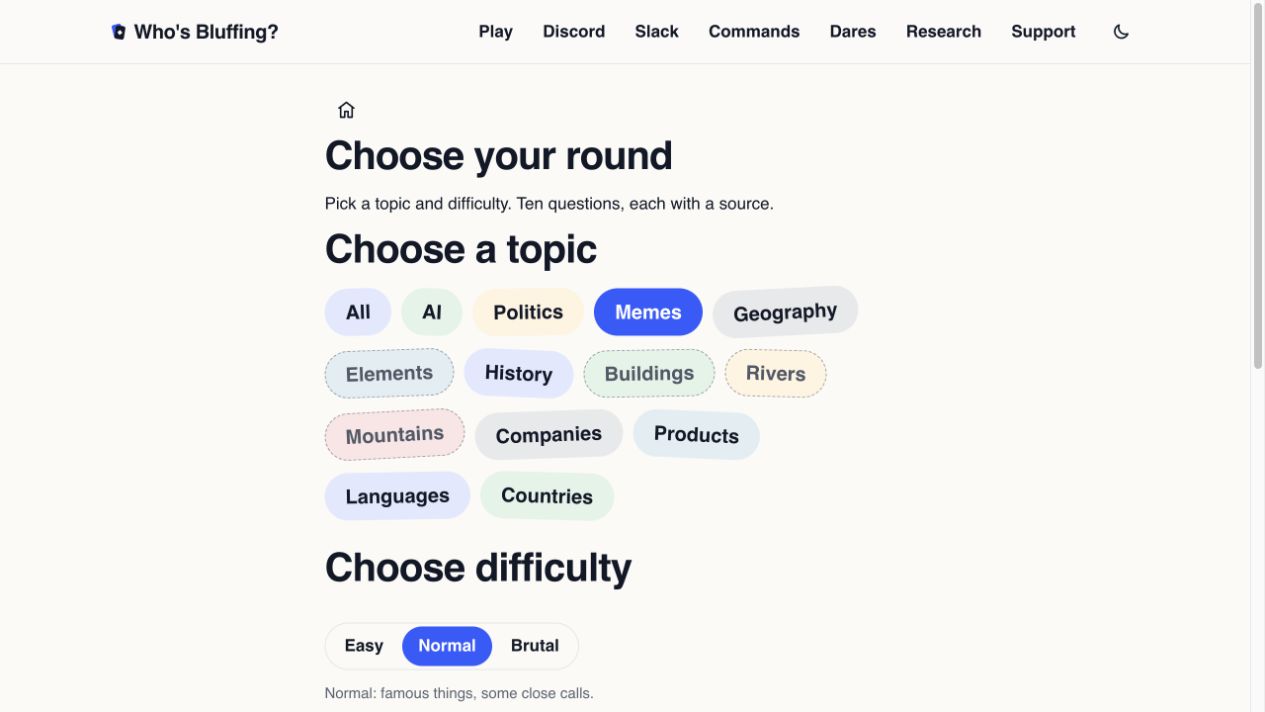 Choose your round: Memes selected among the topics, with Easy, Normal and Brutal difficulty choices
