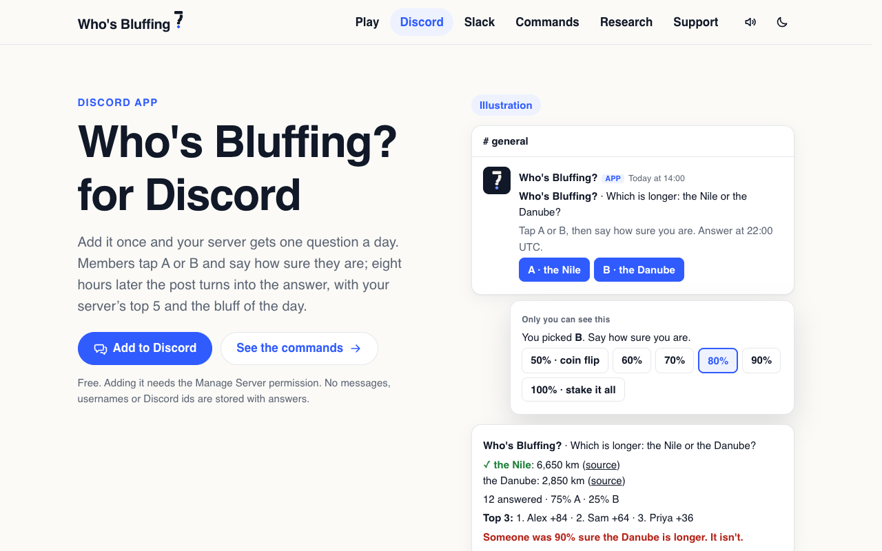 The Discord page: the daily question, the private confidence picker and the reveal