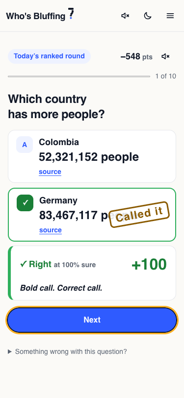 A question answered on a phone: both values with their sources, the points and a reaction